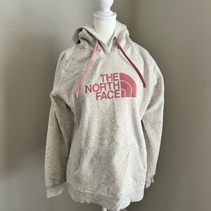 The North Face Women's Light Gray Hoodie with Pink Logo